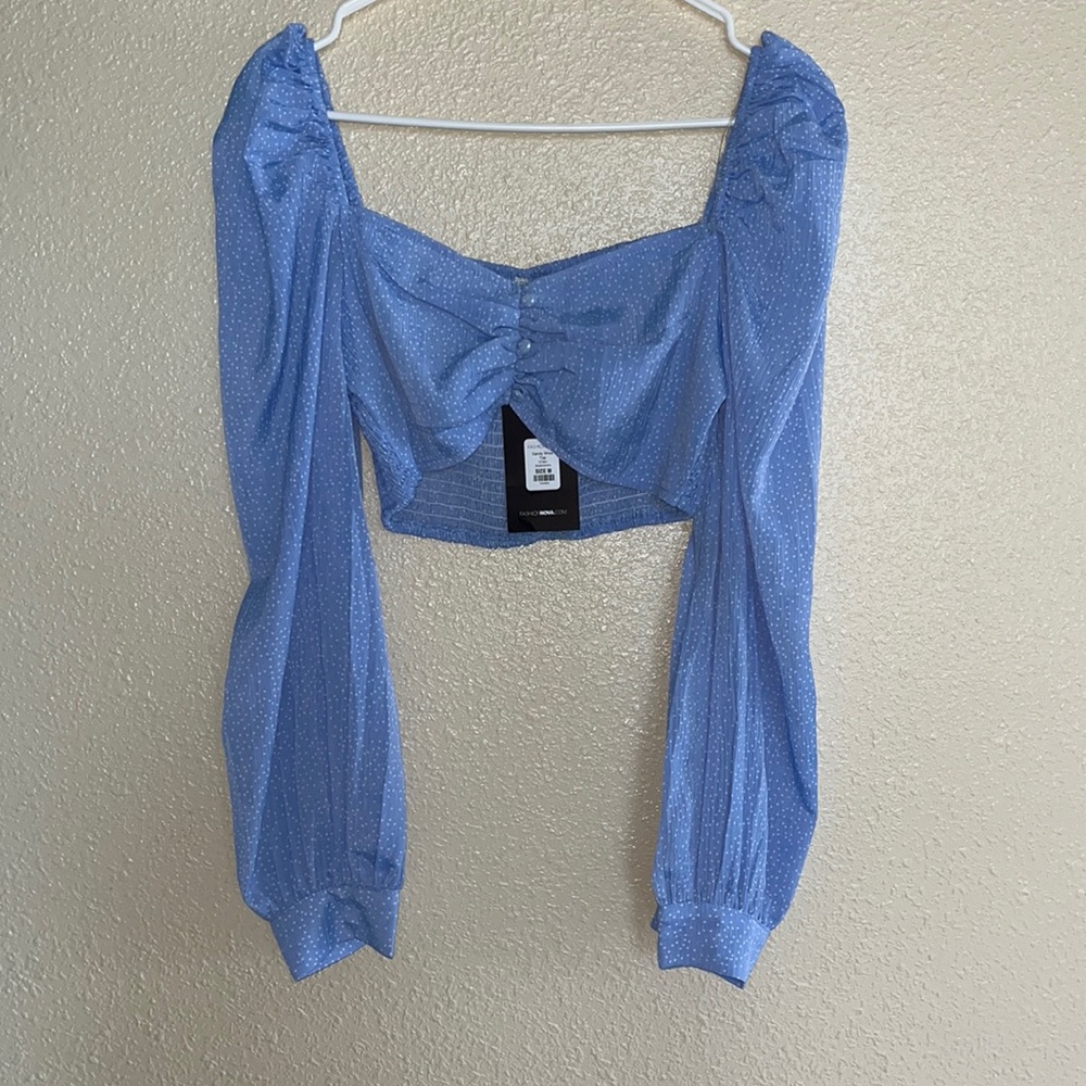 Fashion Nova blue crop top with mini white dots
